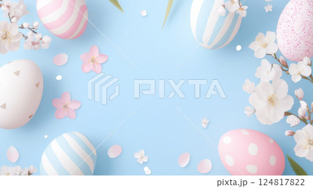 Easter eggs and cherry blossoms on pastel blue wood table background Easter eggs and cherry blossoms on pastel blue wood table background 124817822