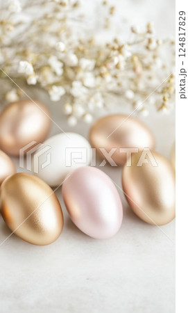 Easter eggs in soft pastel colors with white flowers, suitable for background Easter eggs in soft pastel colors with white flowers, suitable for background 124817829