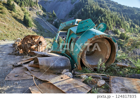 rusty industrial scrap metal pile stacked with discarded materials and debris 124817835