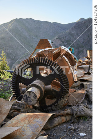 rusty industrial scrap metal pile stacked with discarded materials and debris rusty industrial scrap metal pile stacked with discarded materials and debris 124817836