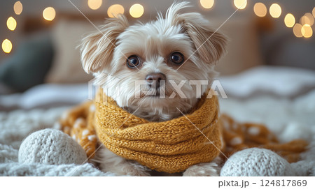 Dog in a scarf relaxes in cozy setting. Federal Territory Day in Malaysia 124817869