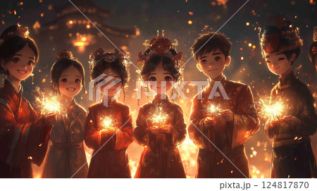 People in traditional outfits celebrate Chinese New Year with sparklers under lights. People in traditional outfits celebrate Chinese New Year with sparklers under lights. 124817870