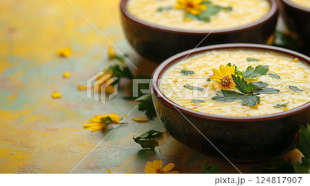 Kheer in decorated festive bowls. Basanta Panchami 124817907