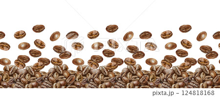 Coffee roasted beans seamless border. Hand drawn watercolor illustration isolated on white. For cards, labels, menu design, invitations, covers, wallpapers, banners. 124818168