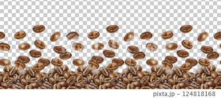 Coffee roasted beans seamless border. Hand drawn watercolor illustration isolated on white. For cards, labels, menu design, invitations, covers, wallpapers, banners. 124818168