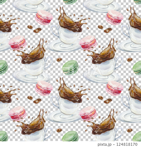 Cup of coffee and splashes, roasted beans, macaroons, seamless pattern. Hand drawn watercolor illustration isolated on white. For greeting cards, wrapping paper, textile, fabric, covers, wallpaper. Cup of coffee and splashes, roasted beans, macaroons, seamless pattern. Hand drawn watercolor illustration isolated on white. For greeting cards, wrapping paper, textile, fabric, covers, wallpaper. 124818170
