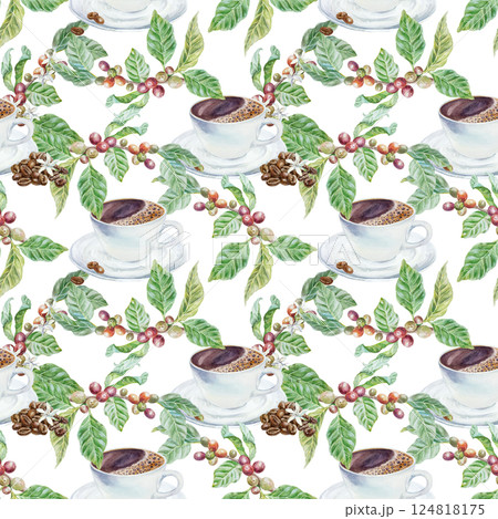 Cup of coffee and branches with green leaves, flowers and fruits, seamless pattern. Hand drawn watercolor illustration isolated. For greeting cards, wrapping paper, textile, fabric, covers, wallpaper. 124818175
