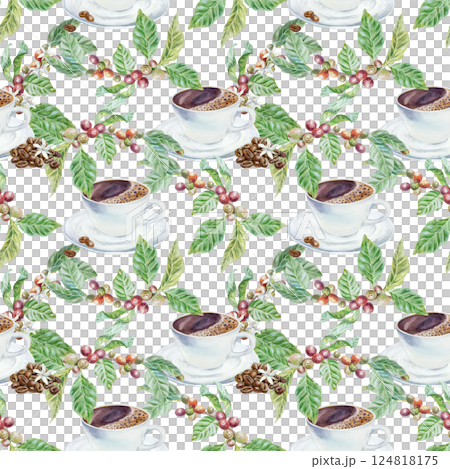 Cup of coffee and branches with green leaves, flowers and fruits, seamless pattern. Hand drawn watercolor illustration isolated. For greeting cards, wrapping paper, textile, fabric, covers, wallpaper. 124818175