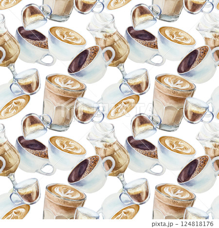 Coffee drinks seamless pattern. Espresso, cappuccino, latte. Hand drawn watercolor illustration isolated on white. For greeting cards, wrapping paper, textile, fabric, covers, wallpaper. 124818176