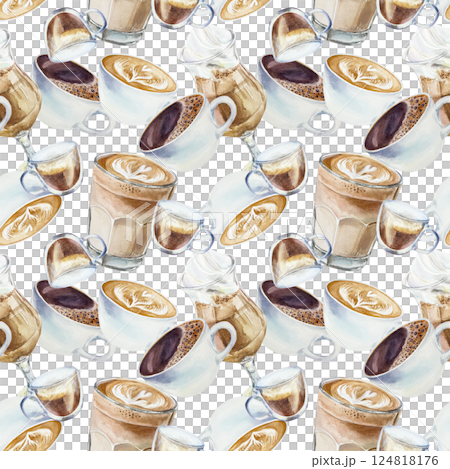 Coffee drinks seamless pattern. Espresso, cappuccino, latte. Hand drawn watercolor illustration isolated on white. For greeting cards, wrapping paper, textile, fabric, covers, wallpaper. 124818176