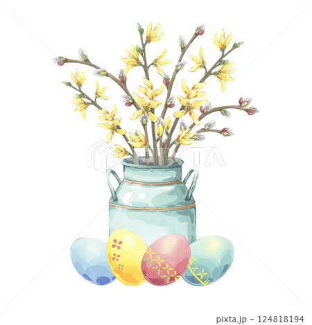 Easter composition with spring flowers and eggs. Watercolor bouquet with pussy willows and forsythia in a metal can. Spring arrangement with colorful Easter eggs. Perfect for festive decor Easter composition with spring flowers and eggs. Watercolor bouquet with pussy willows and forsythia in a metal can. Spring arrangement with colorful Easter eggs. Perfect for festive decor 124818194