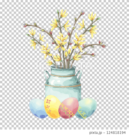 Easter composition with spring flowers and eggs. Watercolor bouquet with pussy willows and forsythia in a metal can. Spring arrangement with colorful Easter eggs. Perfect for festive decor Easter composition with spring flowers and eggs. Watercolor bouquet with pussy willows and forsythia in a metal can. Spring arrangement with colorful Easter eggs. Perfect for festive decor 124818194