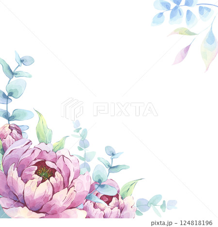 Floral watercolor frame with peony flowers and greenery - hand-painted illustration Floral watercolor frame with peony flowers and greenery - hand-painted illustration 124818196