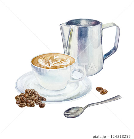 Cup of cappuccino coffee with foam, roasted beans, milk jug, spoon. Hand drawn watercolor illustration isolated on white. For greeting cards, invitations, labels, menus, covers, posters. 124818255