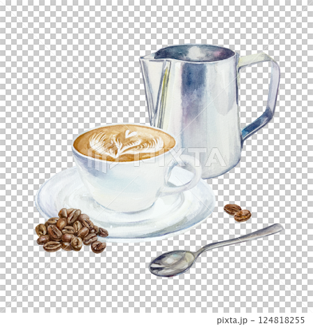 Cup of cappuccino coffee with foam, roasted beans, milk jug, spoon. Hand drawn watercolor illustration isolated on white. For greeting cards, invitations, labels, menus, covers, posters. Cup of cappuccino coffee with foam, roasted beans, milk jug, spoon. Hand drawn watercolor illustration isolated on white. For greeting cards, invitations, labels, menus, covers, posters. 124818255