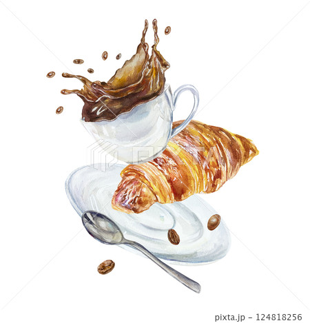 Cup of coffee, splash, croissant, roasted beans, spoon. Hand drawn watercolor illustration isolated on white. For greeting cards, invitations, labels, menus, covers, posters. Cup of coffee, splash, croissant, roasted beans, spoon. Hand drawn watercolor illustration isolated on white. For greeting cards, invitations, labels, menus, covers, posters. 124818256