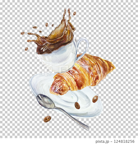 Cup of coffee, splash, croissant, roasted beans, spoon. Hand drawn watercolor illustration isolated on white. For greeting cards, invitations, labels, menus, covers, posters. Cup of coffee, splash, croissant, roasted beans, spoon. Hand drawn watercolor illustration isolated on white. For greeting cards, invitations, labels, menus, covers, posters. 124818256