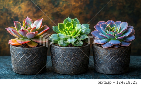 Tranquil Arrangement of Delicate Succulents in Geometric Pots for Peaceful Decor 124818325