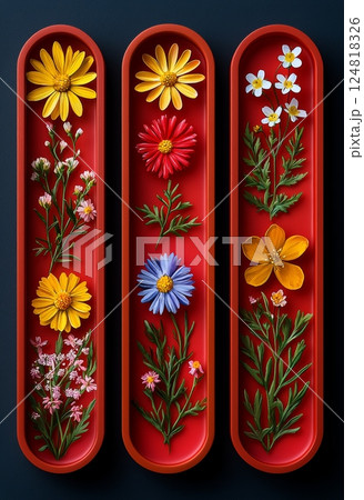 Vibrant Floral Collection with Tiny Flowers and Spirited Colors on Bold Background 124818326