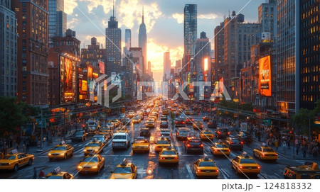 Dynamic Urban Street Corner Scene with Buzzing Traffic and Vibrant Cityscape at Sunset 124818332