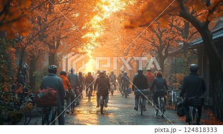Peaceful Urban Street Filled with Bicycles Amidst Autumn Leaves and Soft Light 124818333