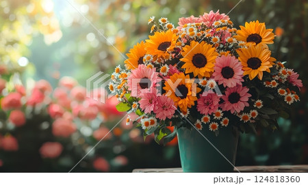 Bright and Cheerful Summer Flower Arrangement in Vibrant Colors 124818360