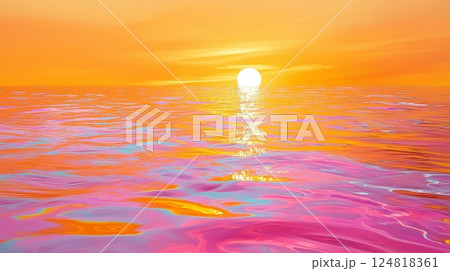 Serene Sunset Over Colorful Ocean Surface with Reflective Oil Spill Effects 124818361
