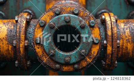 Rusty Industrial Pipe in Urban Background with Exposed Elements of Peaceful Scene 124818362