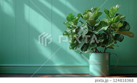 Peaceful Indoor Scene with Fiddle Leaf Fig Plant in Stylish Green Watering Can 124818368
