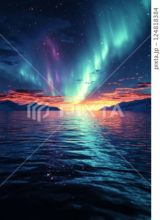 Radiant Aurora Above Calm Waters Under Starry Night Sky at Dusk 124818384