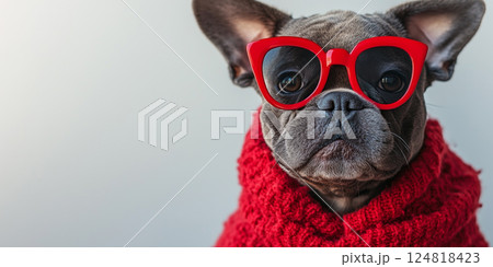 A dog in a red sweater and oversized red glasses enjoys Valentines Day festivities, radiating joy. A dog in a red sweater and oversized red glasses enjoys Valentines Day festivities, radiating joy. 124818423