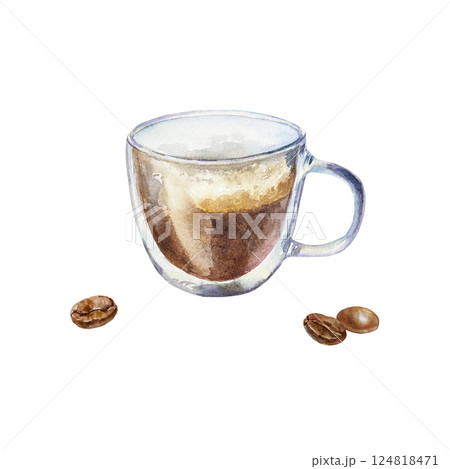 Espresso coffee in a transparent cup with roasted coffee beans. Hand drawn watercolor illustration isolated on white. For greeting cards, labels, menu design, invitations, covers, banners, posters. 124818471