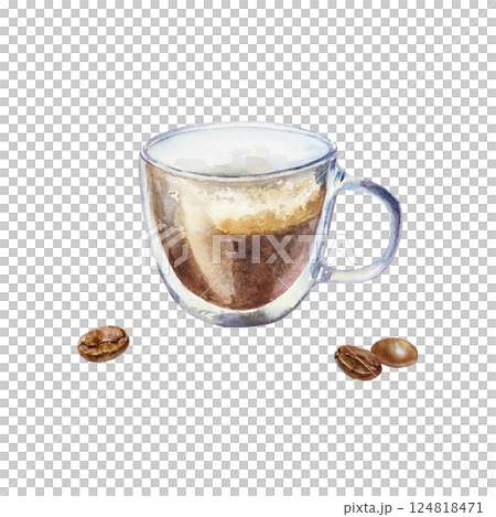 Espresso coffee in a transparent cup with roasted coffee beans. Hand drawn watercolor illustration isolated on white. For greeting cards, labels, menu design, invitations, covers, banners, posters. 124818471