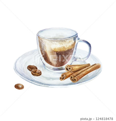 Espresso coffee in a transparent cup on a saucer with cinnamon sticks and roasted coffee beans. Hand drawn watercolor illustration isolated. Cards, labels, menu, invitations, covers, banners, posters. 124818478