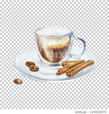 Espresso coffee in a transparent cup on a saucer with cinnamon sticks and roasted coffee beans. Hand drawn watercolor illustration isolated. Cards, labels, menu, invitations, covers, banners, posters. 124818478