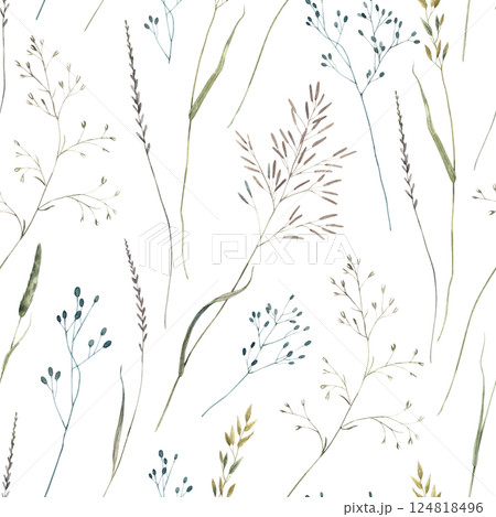 Various wild herbs and flowers. Watercolor seamless pattern hand drawn with watercolor on white background, perfect for cards, wedding invitations, branding, packaging and spring design. 124818496
