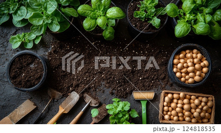 Gardening Table with Fresh Soil, Tools, and Leafy Greens for Peaceful Planting 124818535