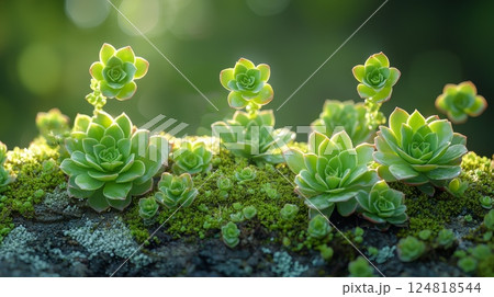 Lush Green Succulents Under Soft Light for a Peaceful Modern Aesthetic 124818544