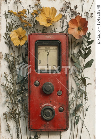 Vintage Meter Surrounded by Colorful Flowers and Greenery in a Rustic Setting 124818549