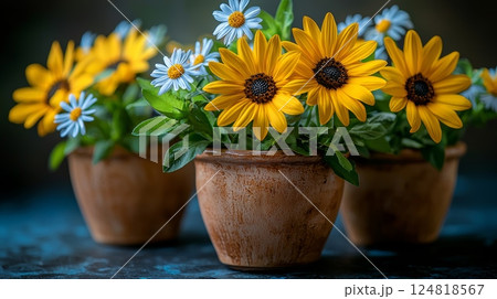 Vintage Floral Arrangements with Bright Sunflowers and Daisies in Clay Pots 124818567