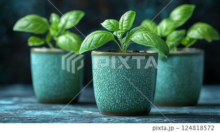 Soft Pastel Themed Gardening Station with Fresh Basil Plants in Pots 124818572