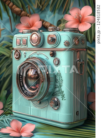 Vintage Rangefinder Camera Surrounded by Tropical Flowers and Lush Greenery 124818582