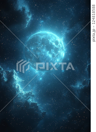 Captivating Peaceful Galaxy Background Featuring Bright Blue Moon and Stars 124818588