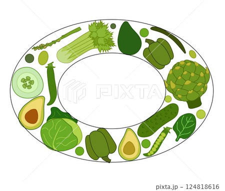 Green vegetables oval frame, boxing, bordering. card template. Text, copy space. vector flat Spinach, Dandelion, broccoli, Romaine Lettuce, kale Collard for cooking bakery labels textile tags Green vegetables oval frame, boxing, bordering. card template. Text, copy space. vector flat Spinach, Dandelion, broccoli, Romaine Lettuce, kale Collard for cooking bakery labels textile tags 124818616