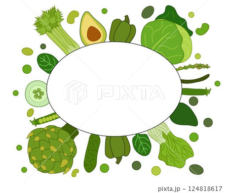 Green vegetables oval frame. Vector flat label, text, copy space. farm fresh Spinach, avocado, pepper, cucumber. Can be used for cooking, bakery, tags labels textile cards icons web Green vegetables oval frame. Vector flat label, text, copy space. farm fresh Spinach, avocado, pepper, cucumber. Can be used for cooking, bakery, tags labels textile cards icons web 124818617
