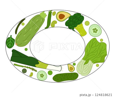 Green veggies oval frame. Vector flat Healthy vegetarian food. illustration for package, kitchen design, fabric and textile. Eat green Green veggies oval frame. Vector flat Healthy vegetarian food. illustration for package, kitchen design, fabric and textile. Eat green 124818621
