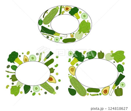 Green vegetable oval rectangle frame set. vector flat illustration. art for food design, recipe, cook book, packages, menu, food ads and decor Eat green 124818627