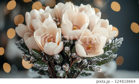 Elegant Floral Arrangement for Winter with Soft Pastel Blooms and Cozy Atmosphere 124818664