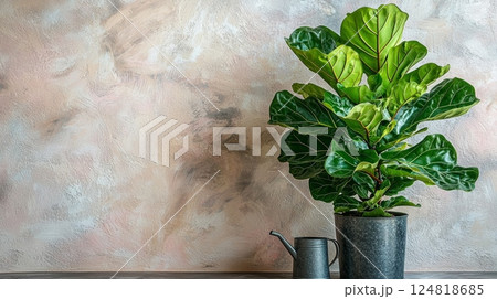 Lush Fiddle Leaf Fig Plant with Watering Can Against Soft Background 124818685