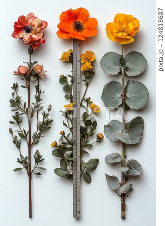 Tiny Ruler with Little Flower Collection on White Background for Peaceful Decoration 124818687